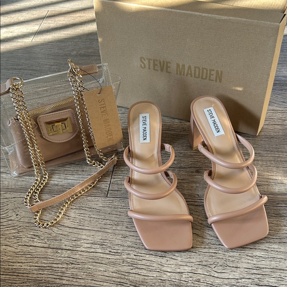 Steve Madden Women's Nude Tan Heeled Sandals and Crossbody/Shoulder Bag set